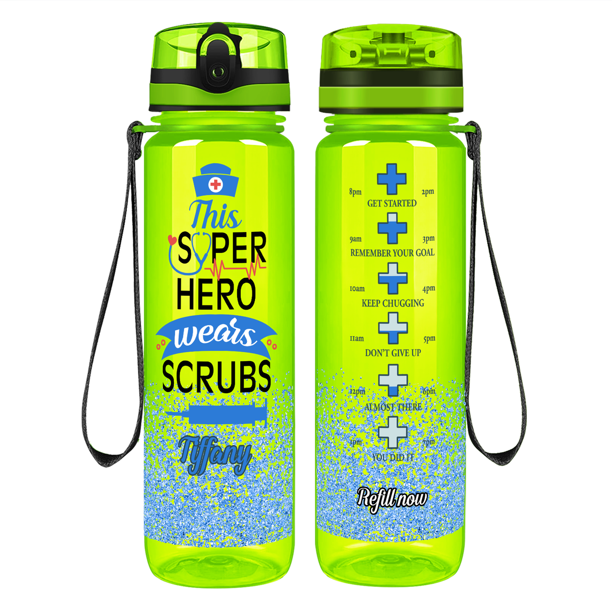 Personalized This Superhero Wears Scrubs on 32oz Motivational Tracking Nurse Water Bottle