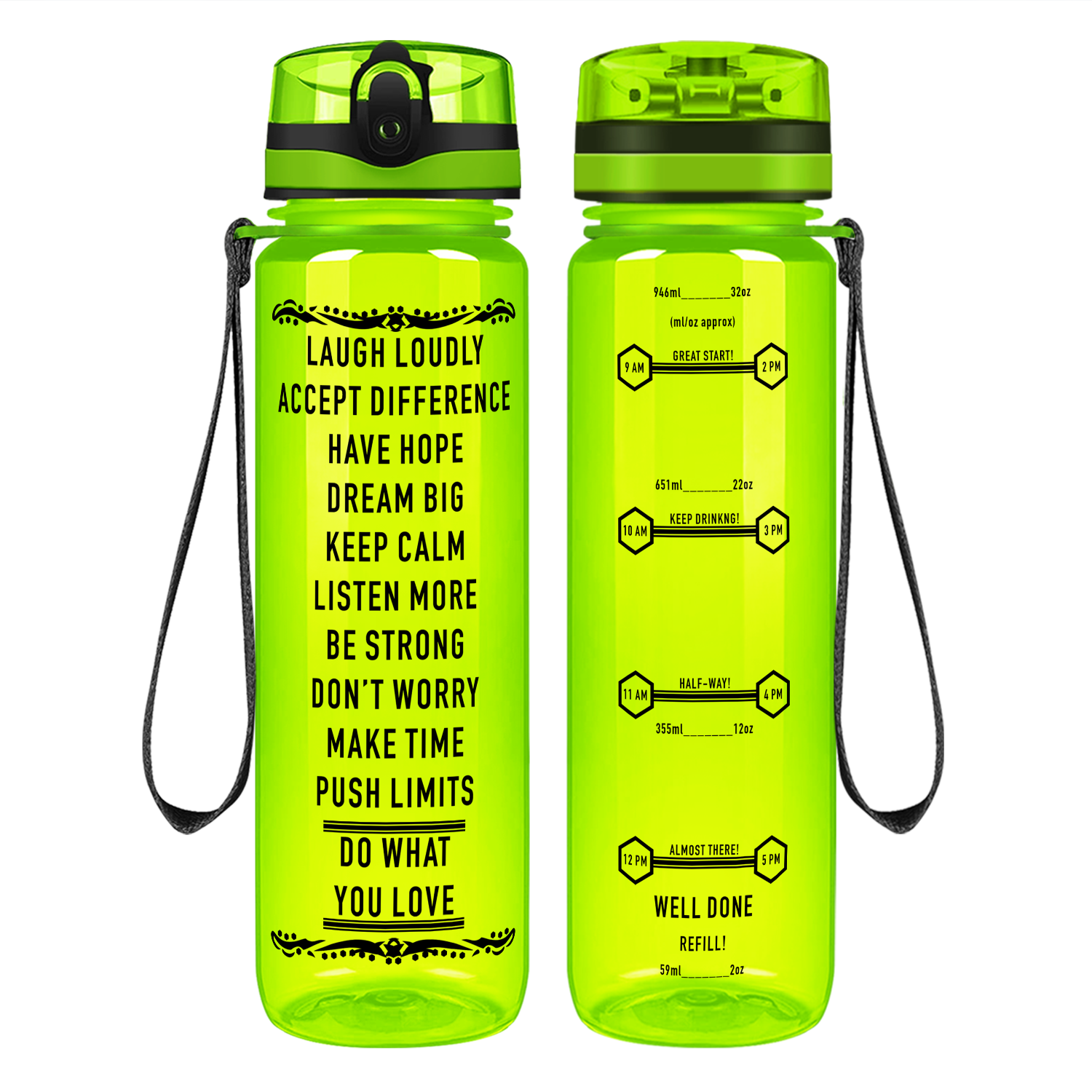 Laugh Loudly on 32 oz Motivational Tracking Water Bottle