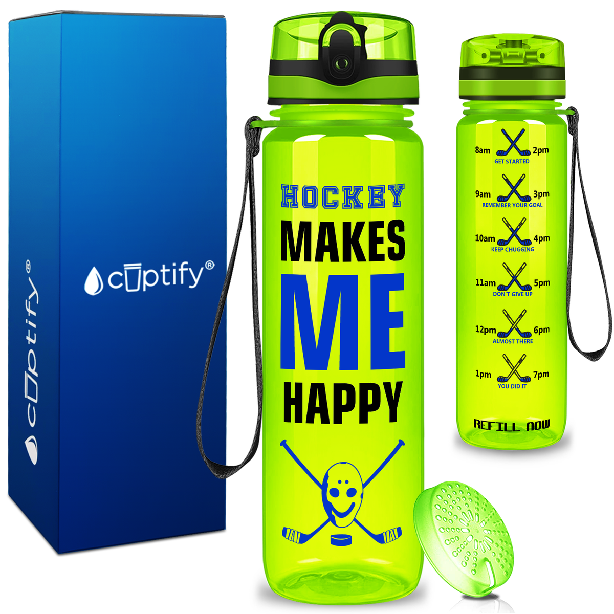 Personalized Hockey Makes Me Happy on 32 oz Motivational Tracking Water Bottle