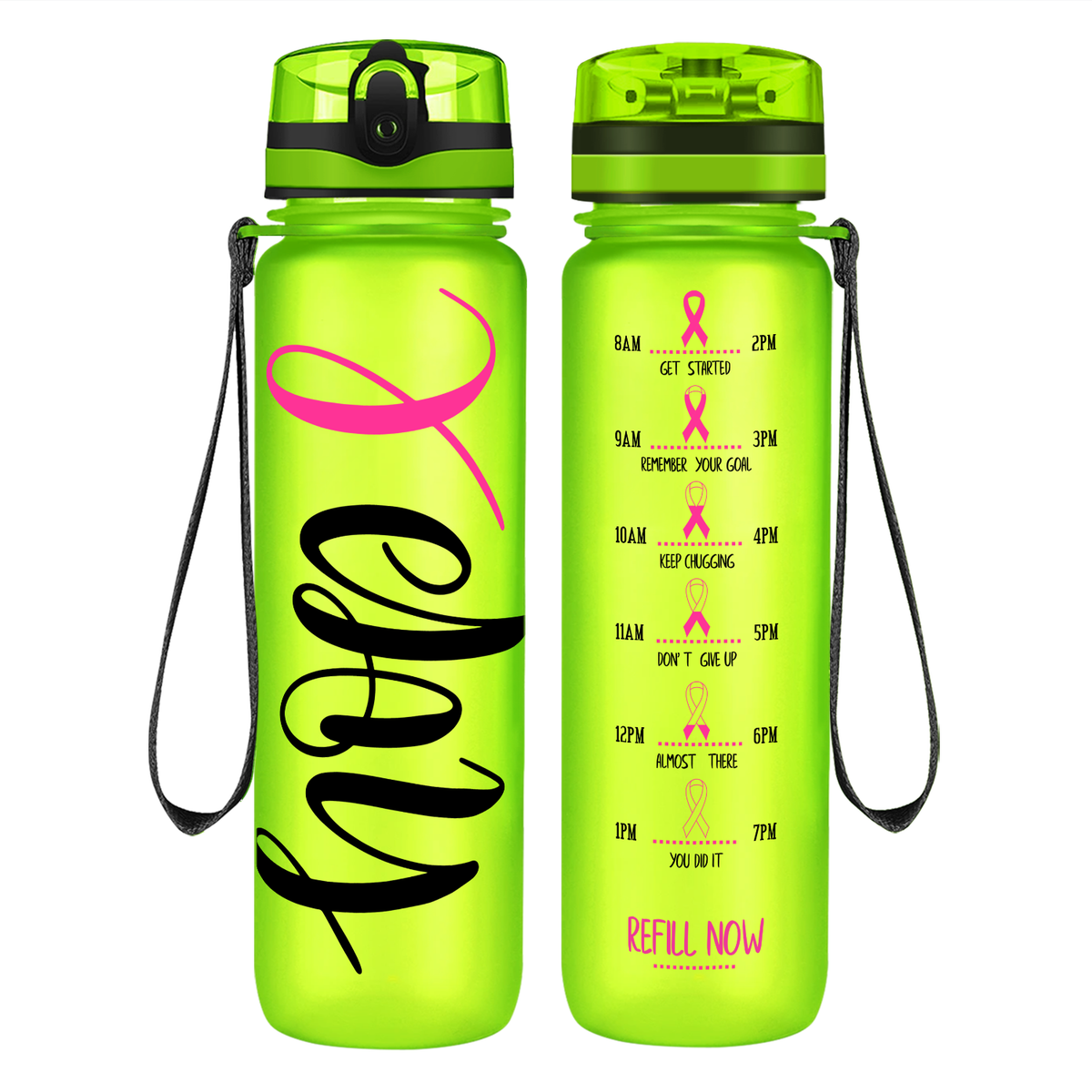 Hope Pink Ribbon on 32 oz Motivational Tracking Breast Cancer Awareness Water Bottle