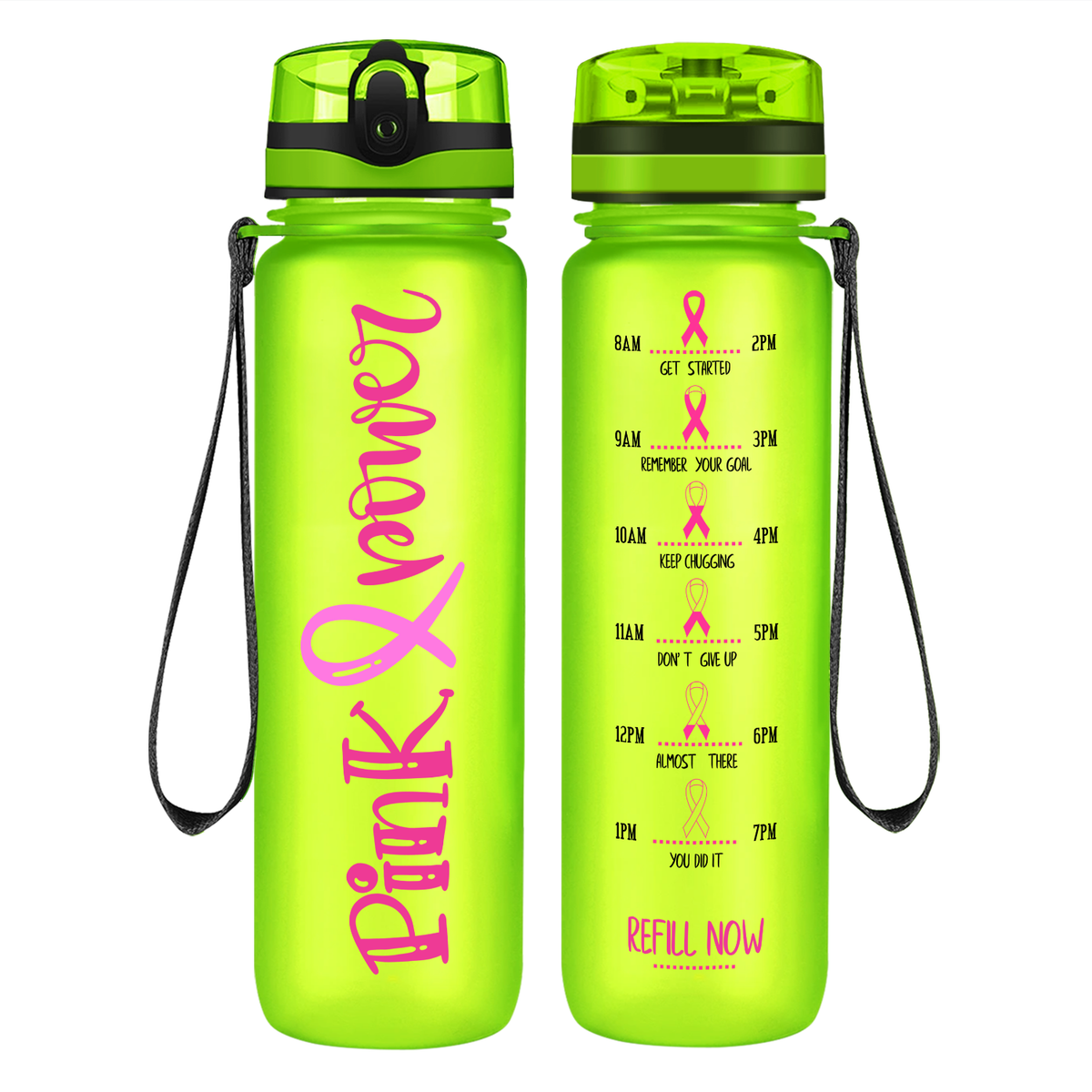 Pink Power on 32 oz Motivational Tracking Breast Cancer Awareness Water Bottle
