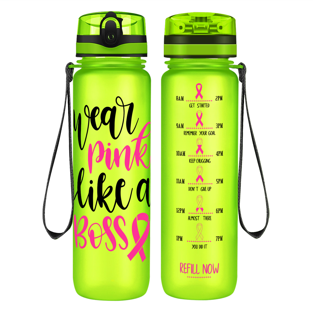 Wear Pink Like a Boss on 32 oz Motivational Tracking Breast Cancer Awareness Water Bottle