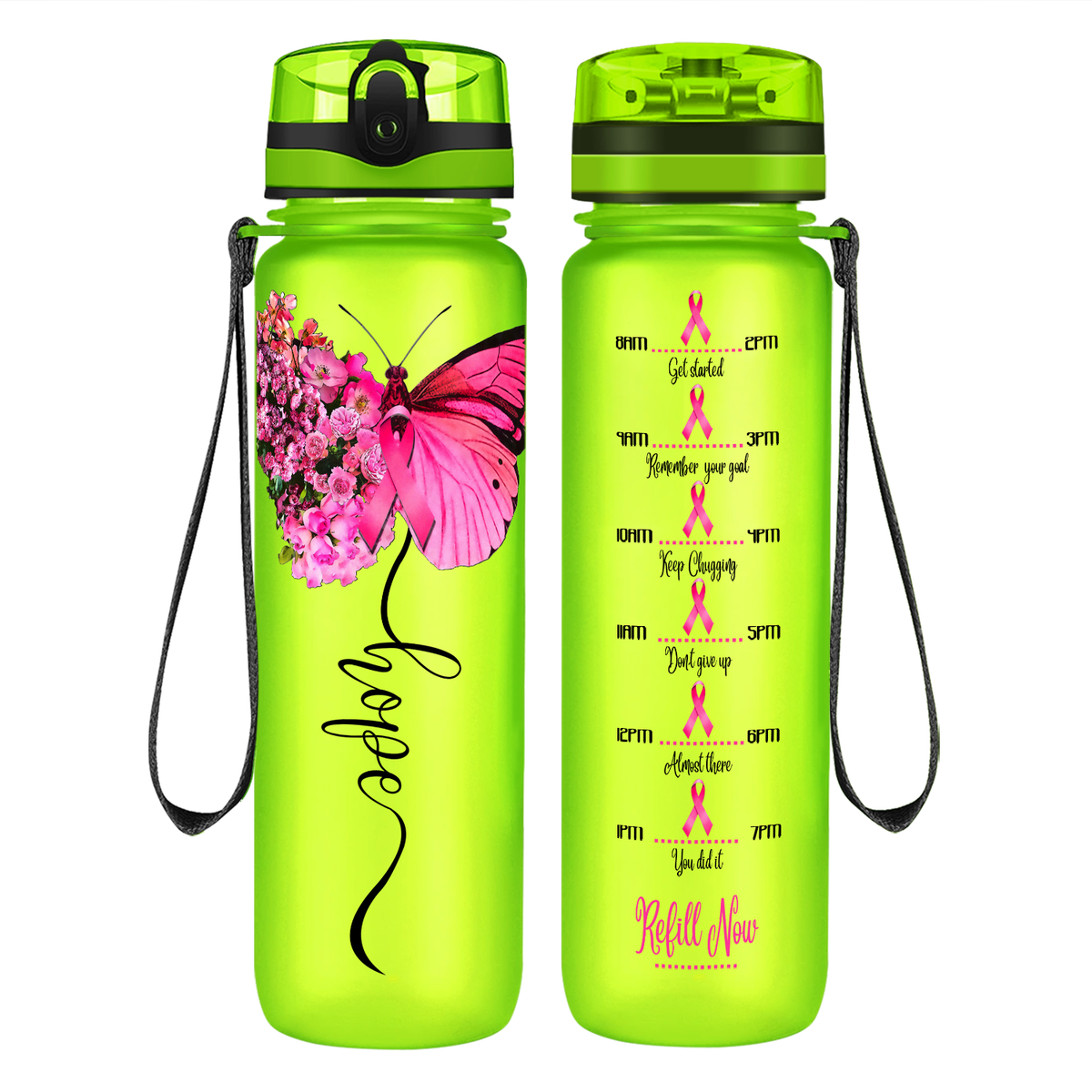 Breast Cancer Hope Butterfly on 32 oz Motivational Tracking Breast Cancer Awareness Water Bottle