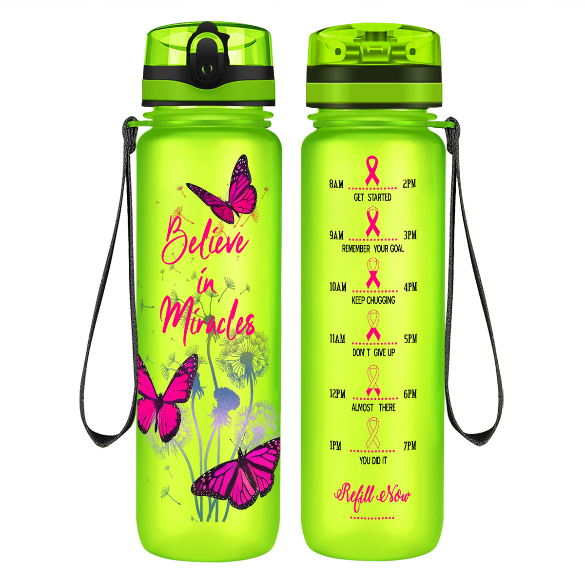 Believe in Miracles on 32 oz Motivational Tracking Breast Cancer Awareness Water Bottle
