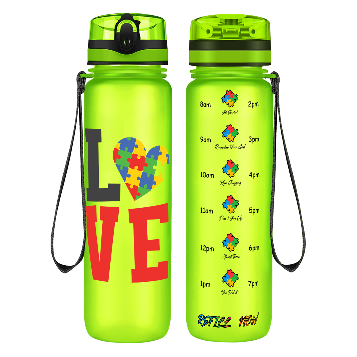Autism Love on 32 oz Motivational Tracking Water Bottle