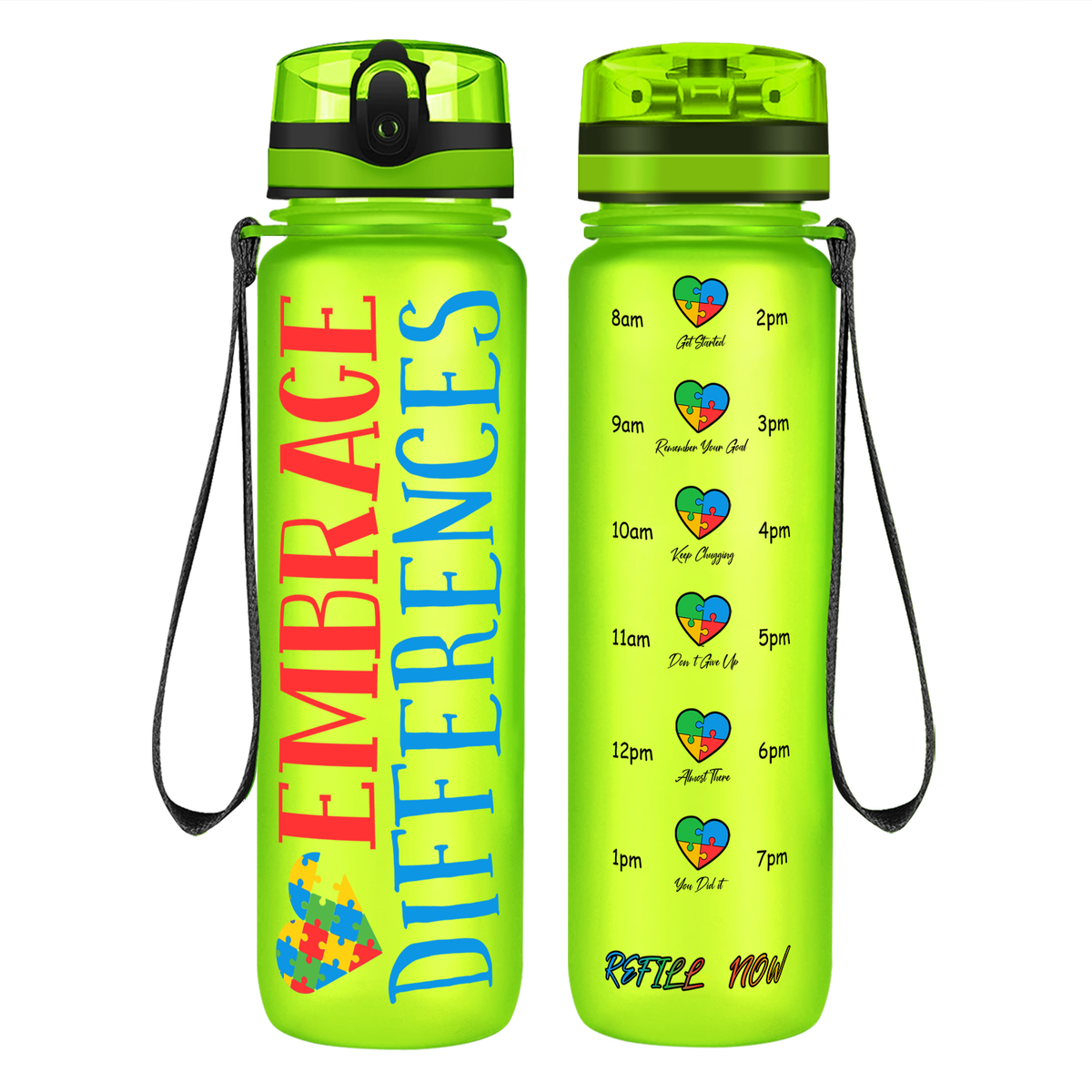 Embrace Differences on 32 oz Motivational Tracking Autism Water Bottle