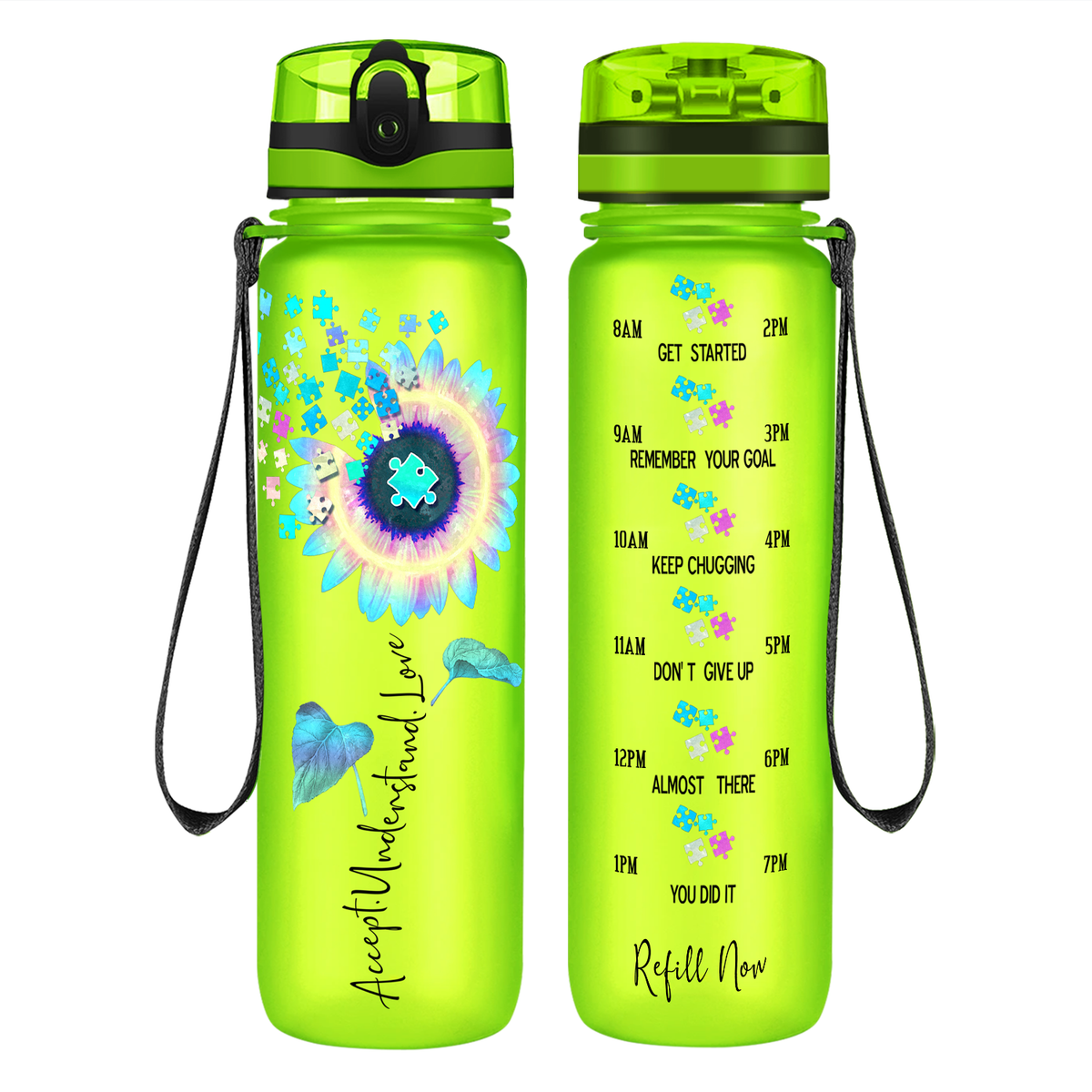 Accept Understand Love Autism Sunflower 32 oz Motivational Tracking Water Bottle