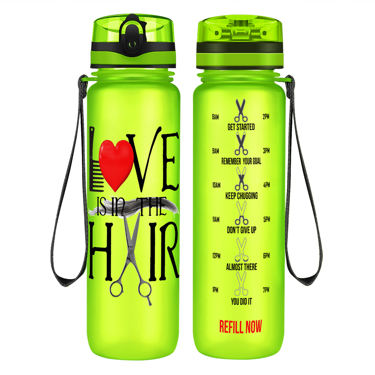 Love Is In The Hair on 32 oz Motivational Tracking Water Bottle