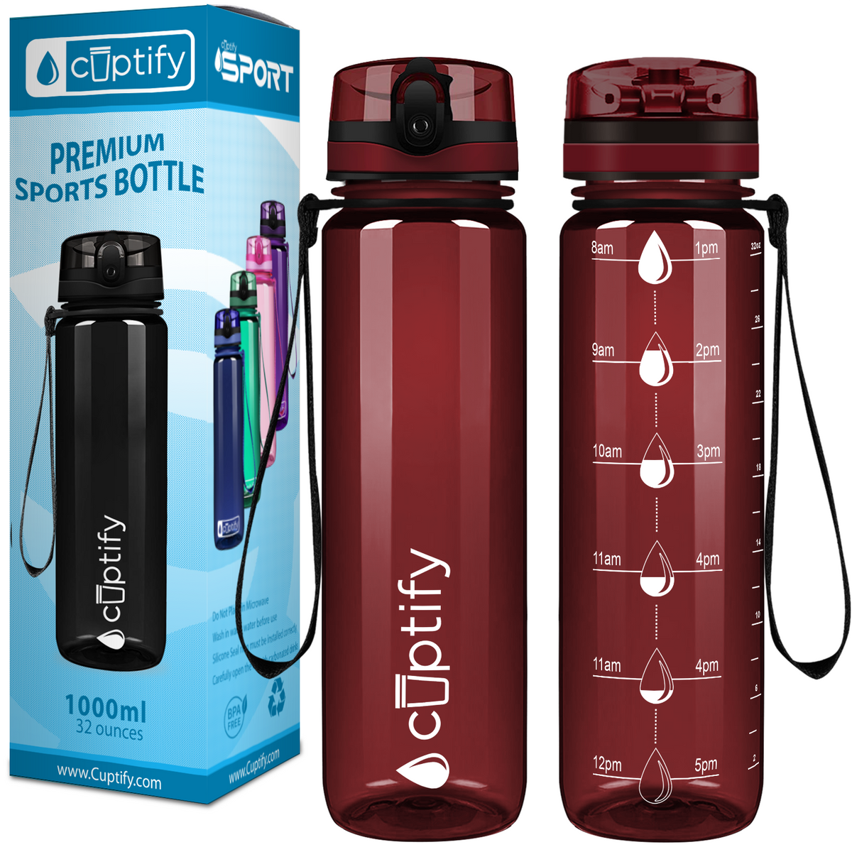 Maroon Gloss 32 oz Hydration Tracker Water Bottle