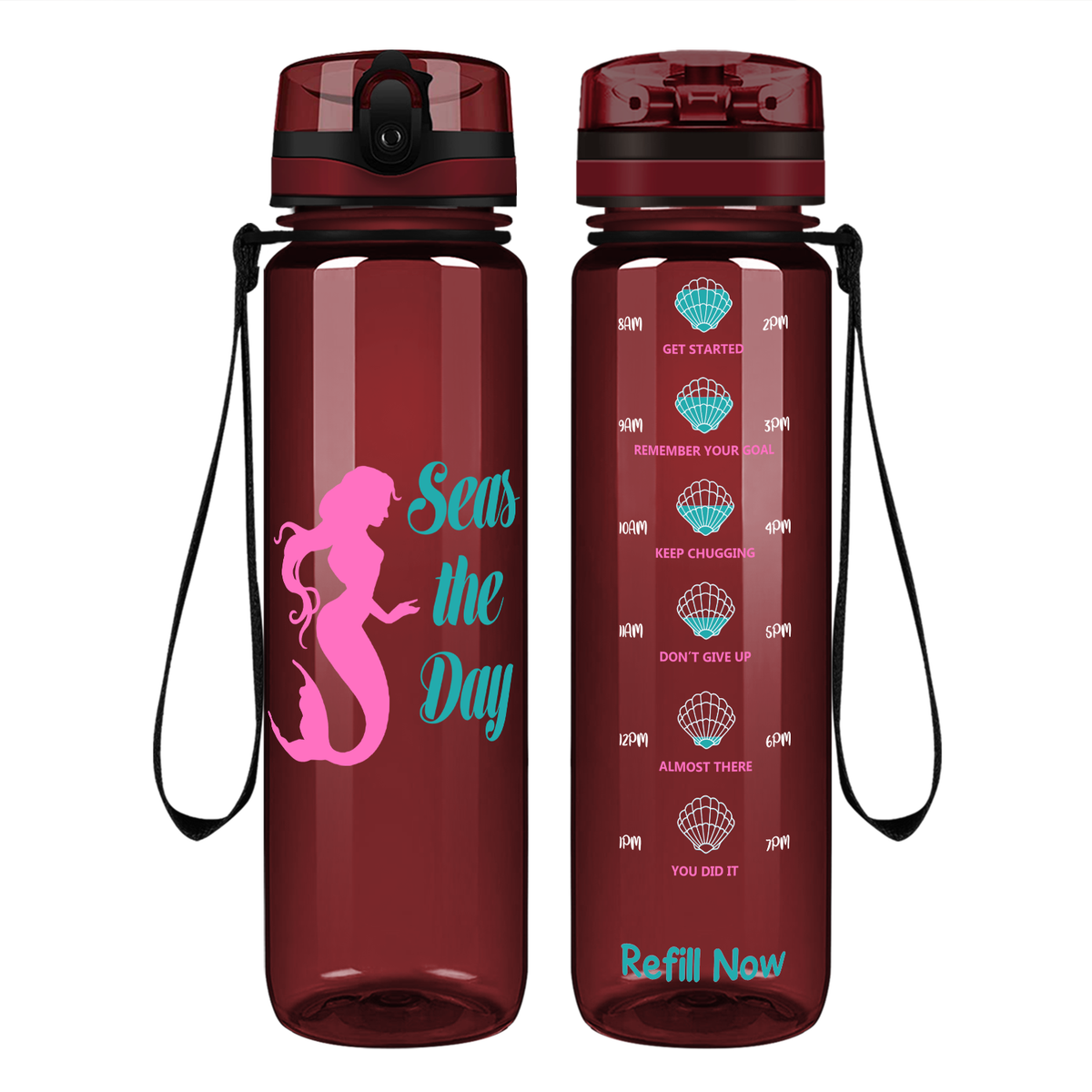 Seas the Day on 32 oz Motivational Tracking Beach Water Bottle