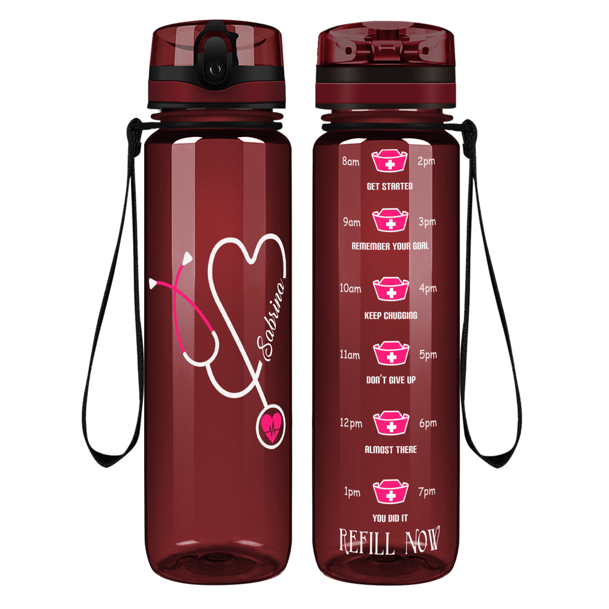Personalized Nurse Pink Stethoscope Heart on 32oz Motivational Water Bottle