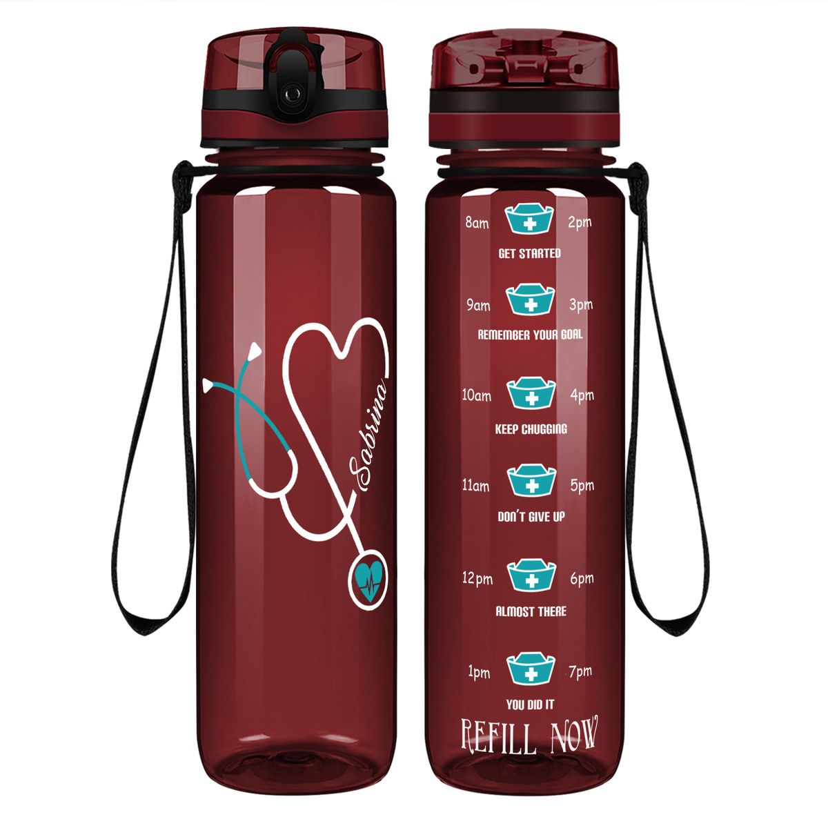 Personalized Nurse Water Bottle Green Stethoscope Heart on 32oz Motivational Tracking Water Bottle