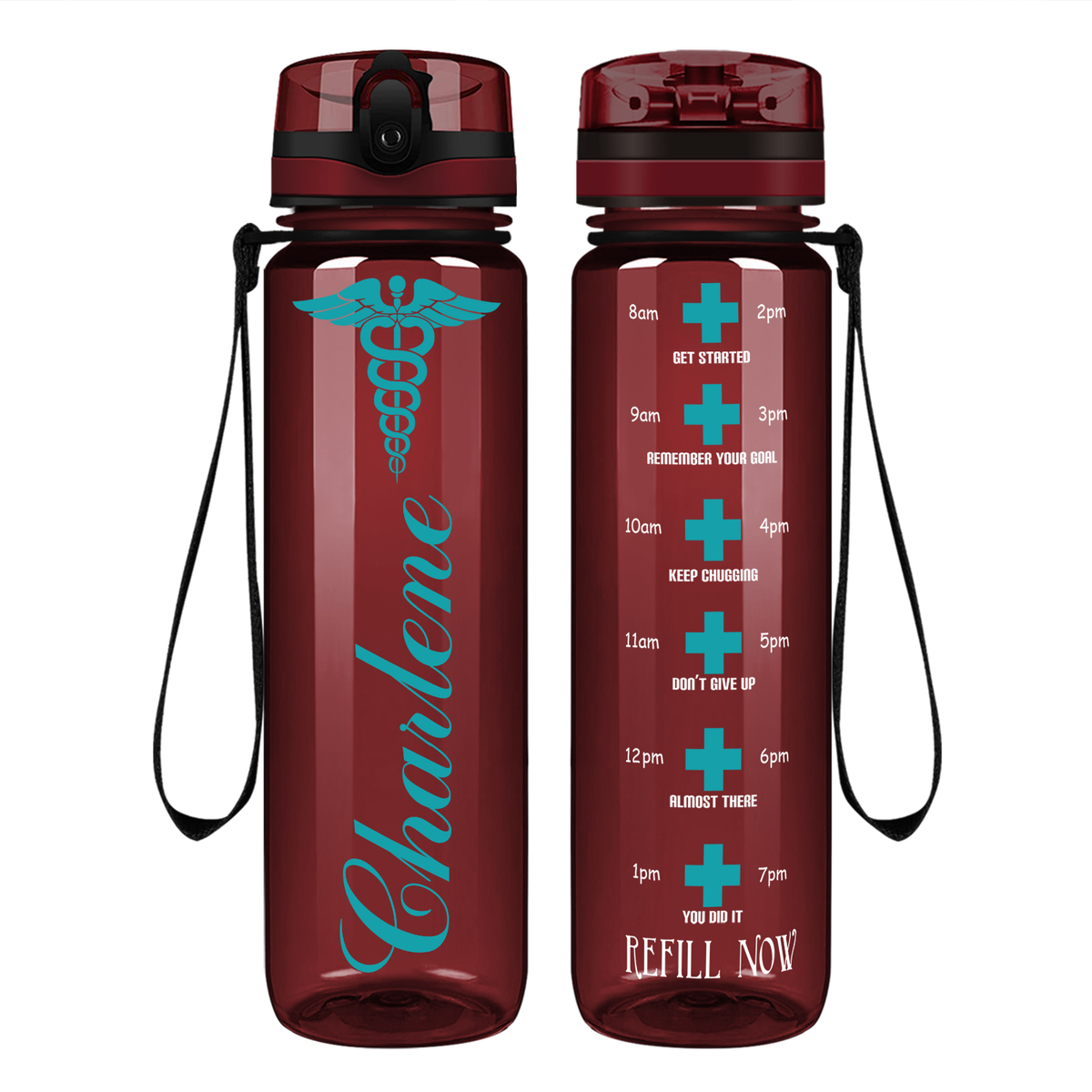 Personalized Nurse Caduceus on 32oz Motivational Tracking Water Bottle