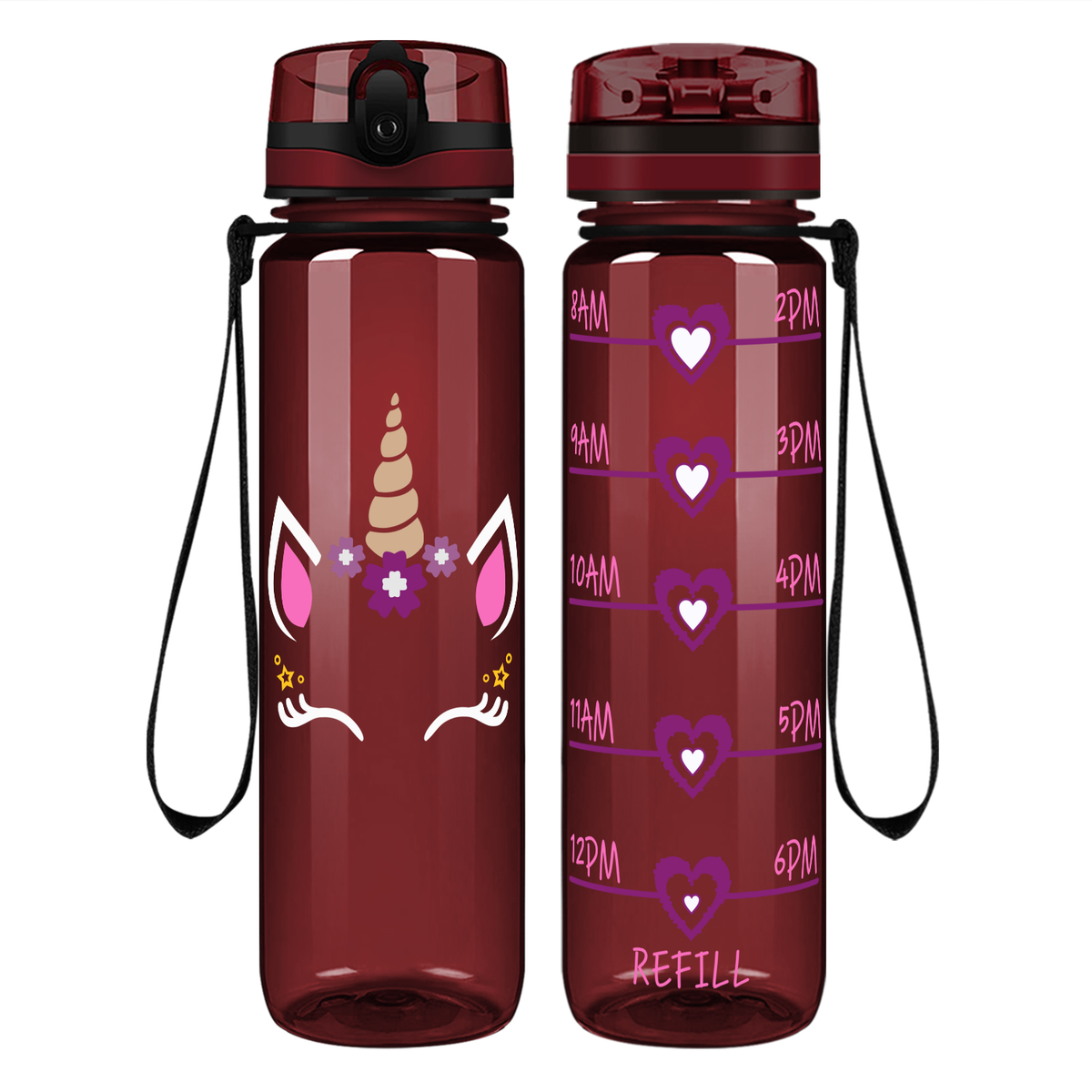 Unicorn Purple Face on 32 oz Motivational Tracking Water Bottle
