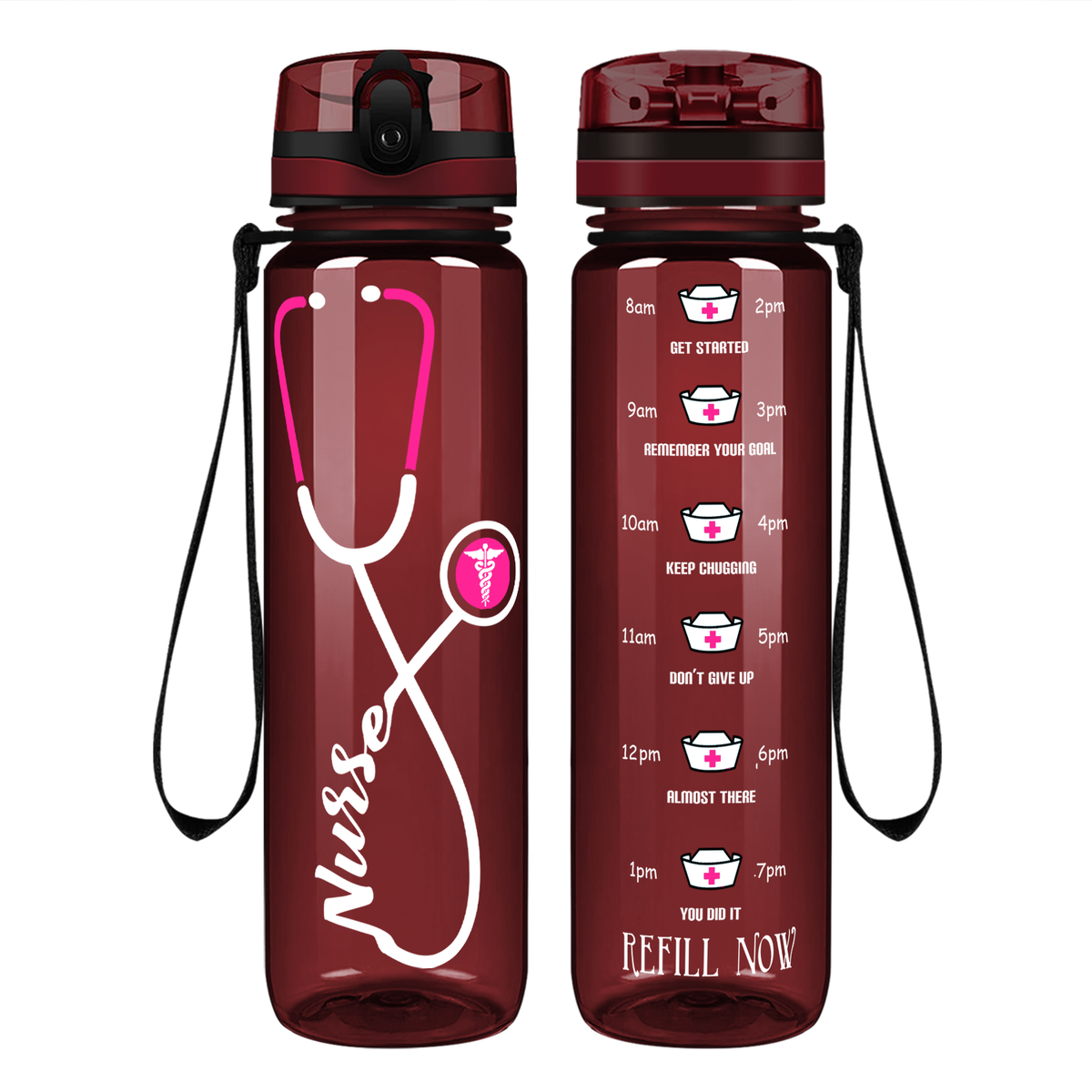 Personalized Nurse Pink Stethoscope on 32oz Motivational Tracking Water Bottle