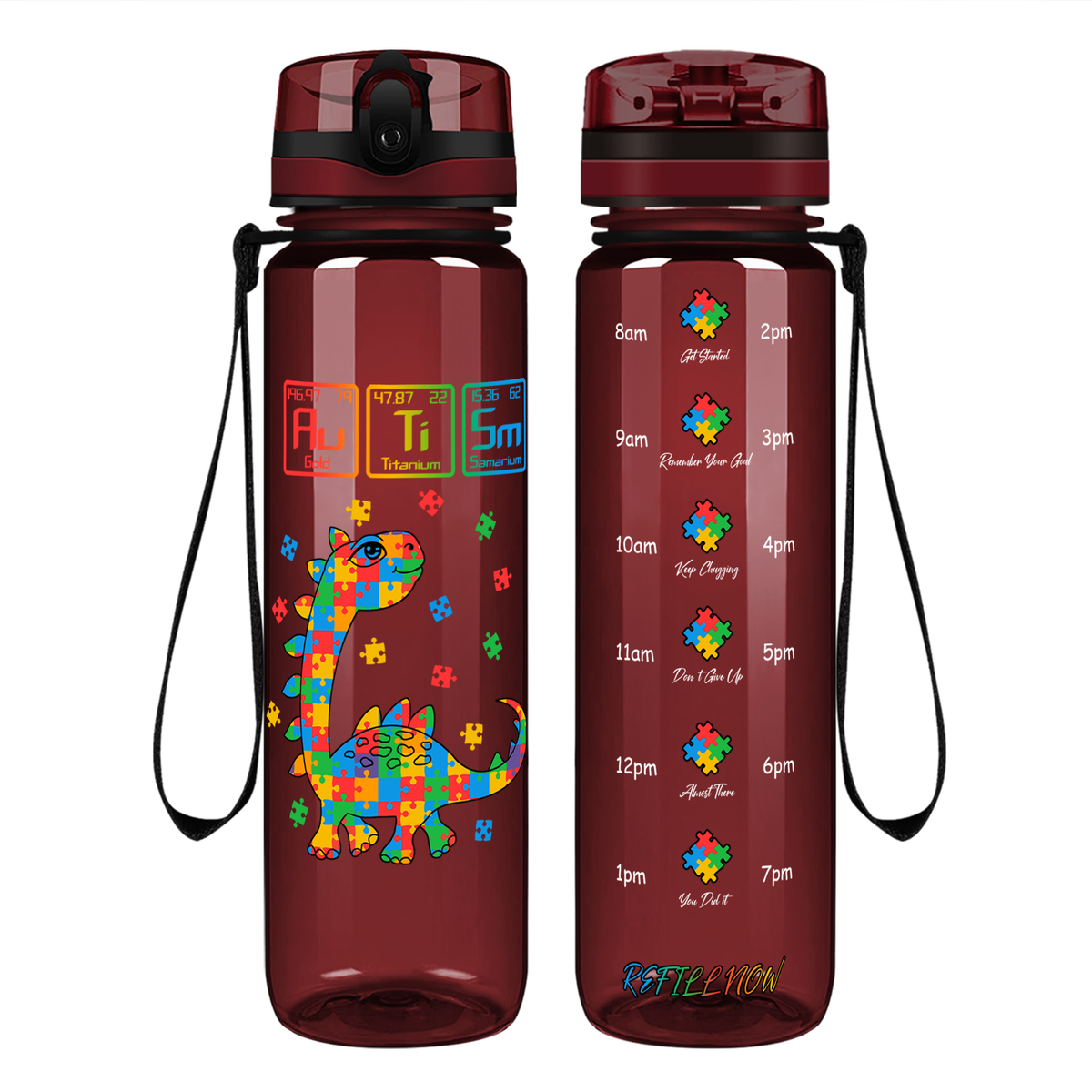 Scientific Autism Dinosaur Puzzle on 32 oz Motivational Tracking Water Bottle
