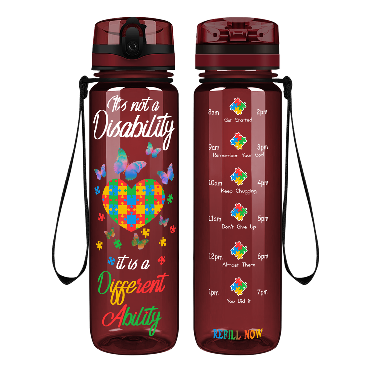 Autism Colorful Butterfly Different Ability on 32 oz Motivational Tracking Water Bottle