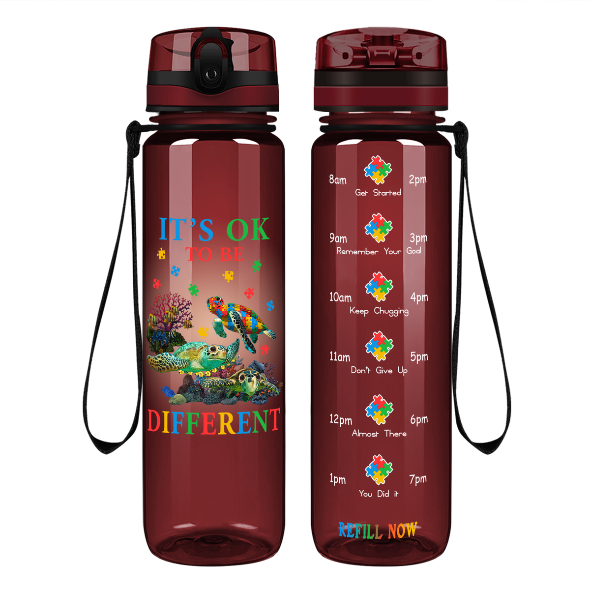 Okay To Be Different Autism Turtle on 32 oz Motivational Tracking Water Bottle