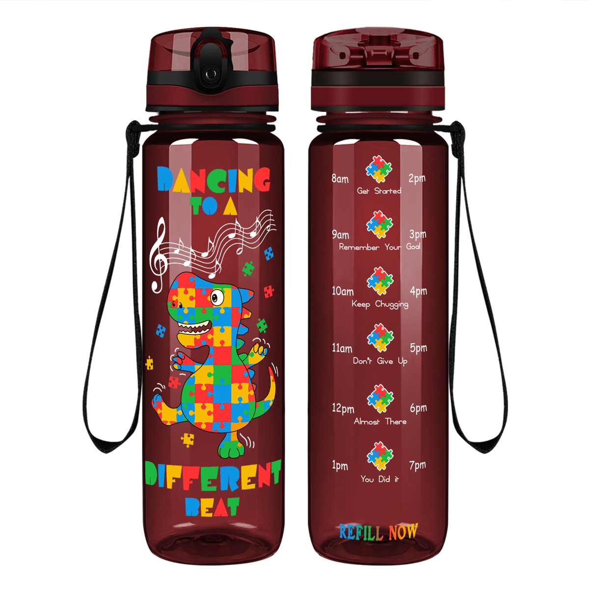 Dancing Dino Different Beat Autism on 32 oz Motivational Tracking Water Bottle