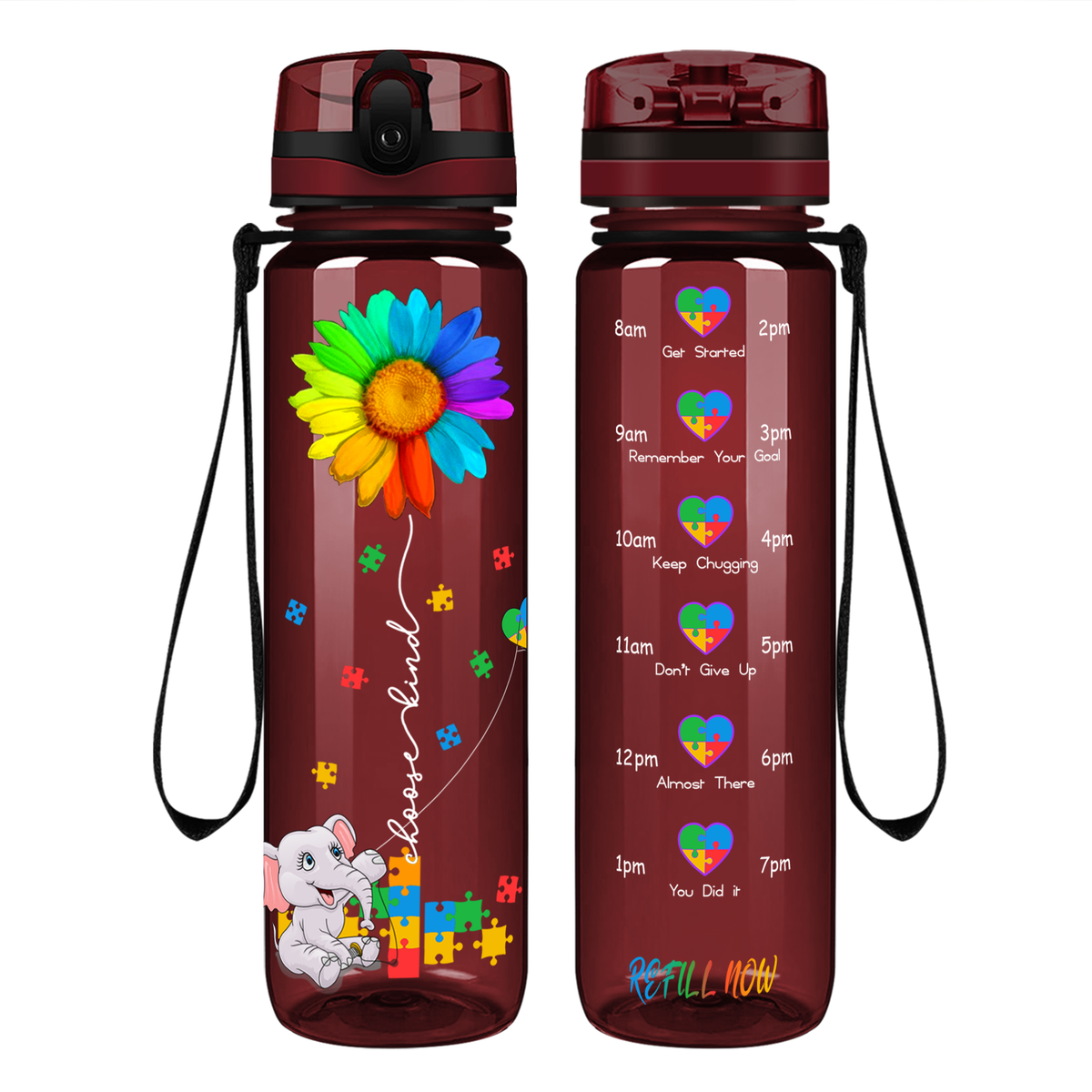 Autism Elephant Kindness Kite on 32 oz Motivational Tracking Water Bottle