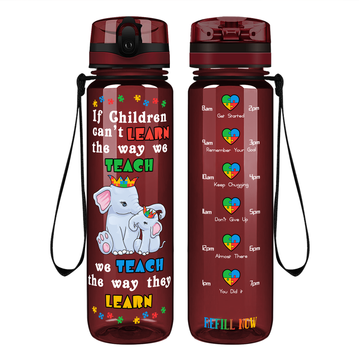 Teach The Way They Learn Elephants on 32 oz Motivational Tracking Autism Water Bottle
