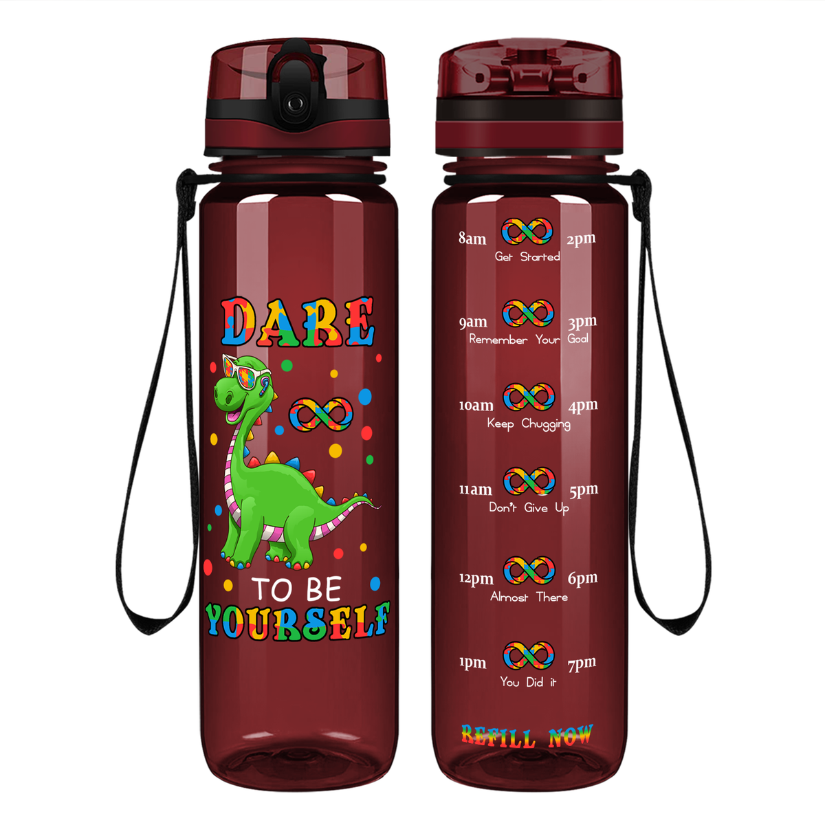 Dinosaur Dare To Be Yourself on 32 oz Motivational Tracking Autism Water Bottle