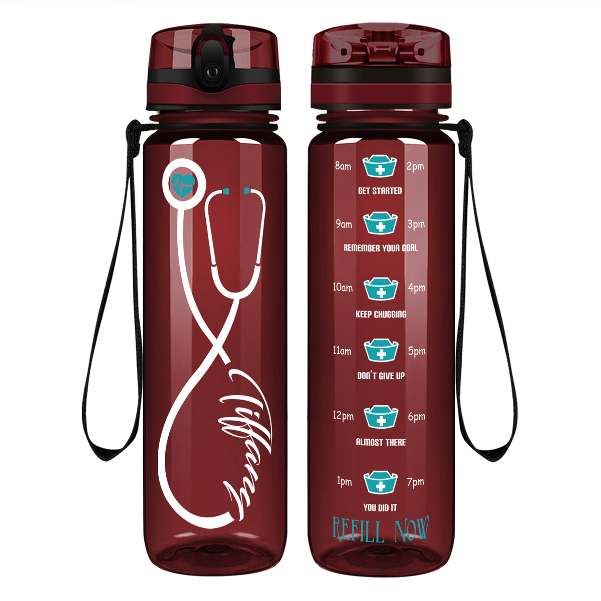 Personalized Nurse Stethoscope Seafoam on 32oz Motivational Tracking Water Bottle