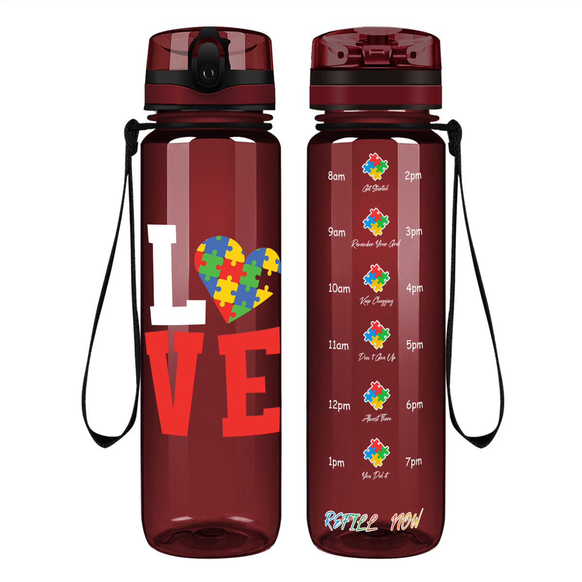 Autism Love on 32 oz Motivational Tracking Water Bottle