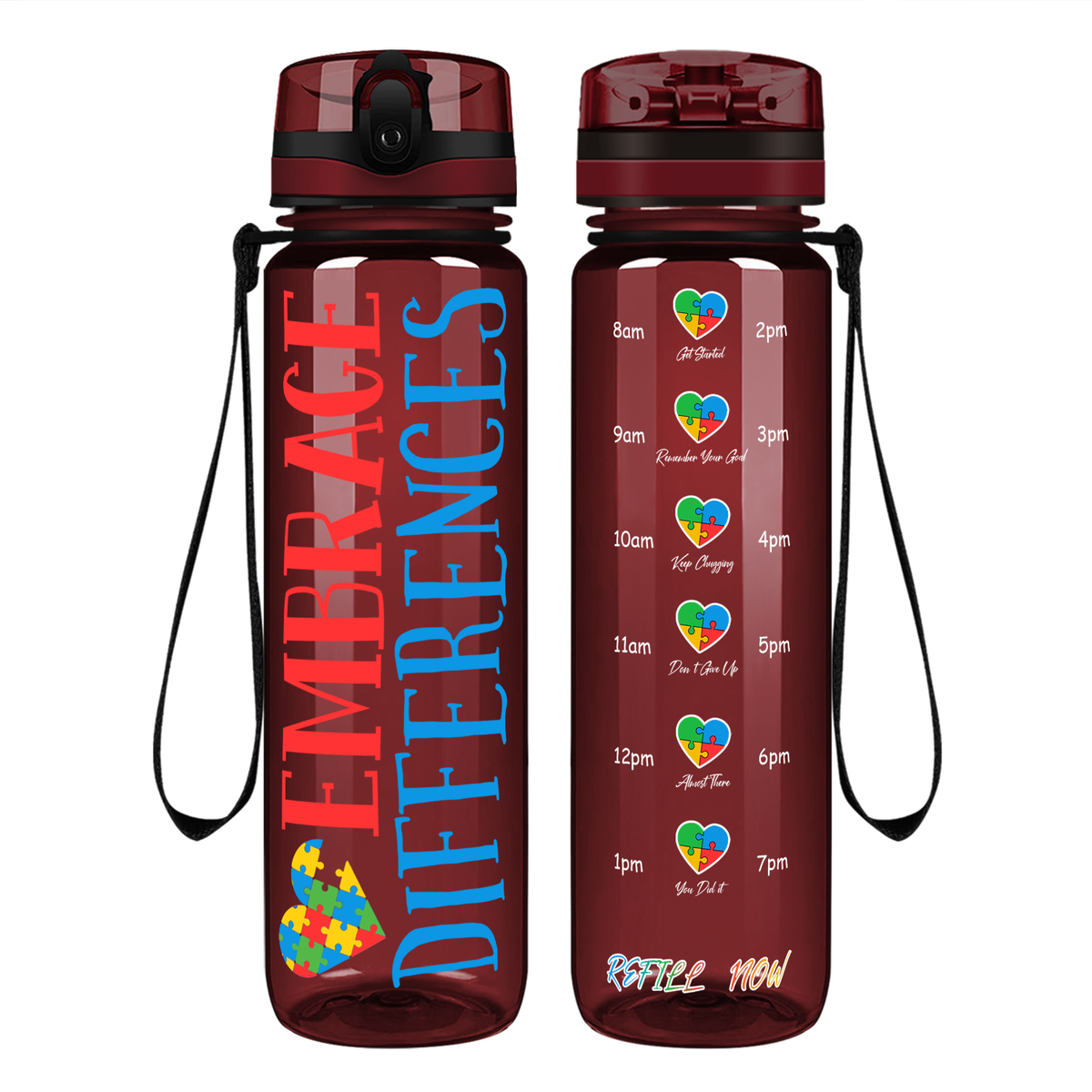 Embrace Differences on 32 oz Motivational Tracking Autism Water Bottle