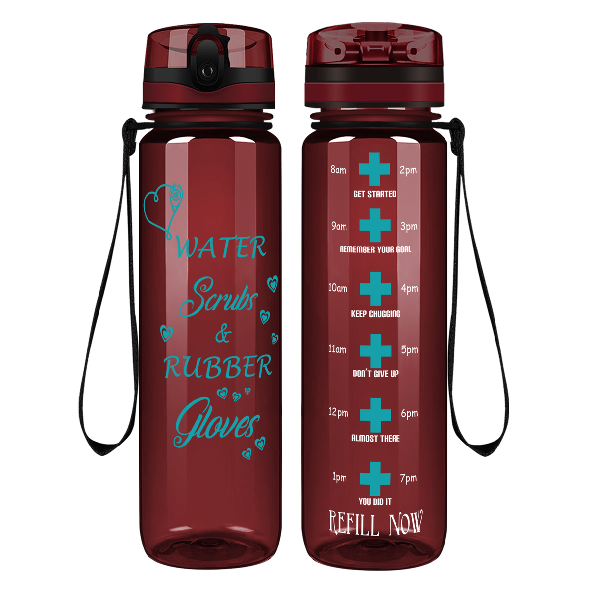 Water Scrubs and Rubber Gloves on 32oz Motivational Tracking Nurse Water Bottle