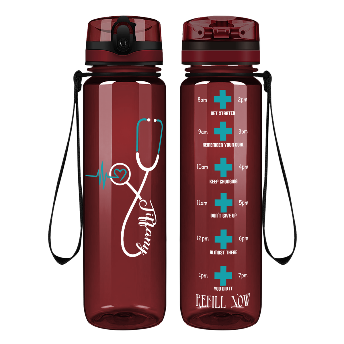 Personalized Seafoam Heart Nursing Stethoscope on 32oz Motivational Tracking Water Bottle