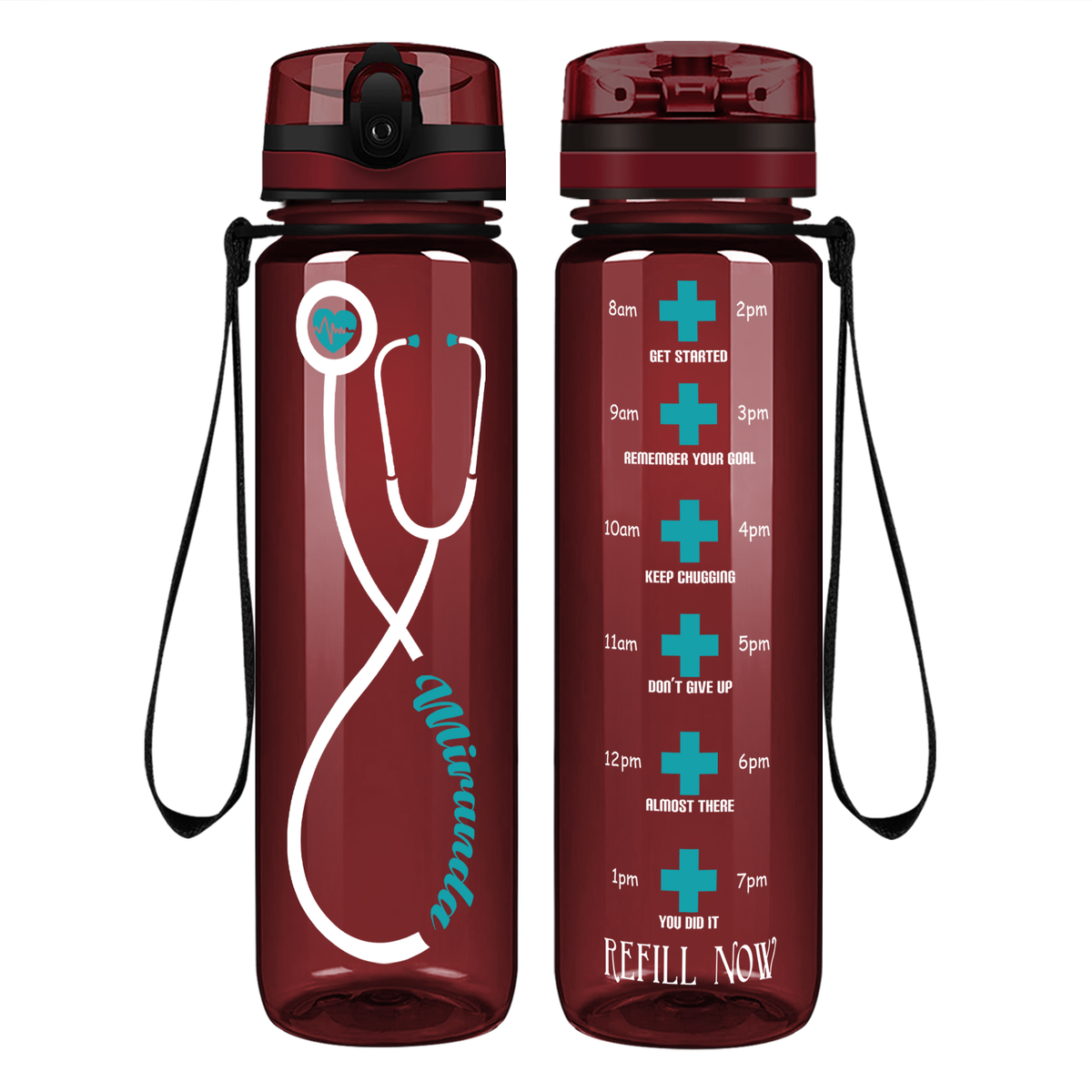 Personalized Heartbeat Nurse Stethoscope on 32oz Motivational Tracking Water Bottle