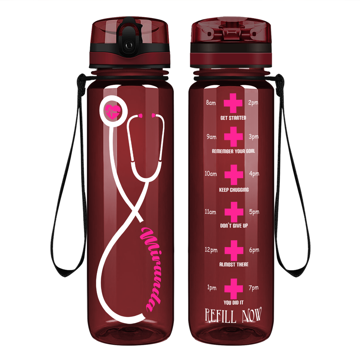 Personalized Heartbeat Nurse Pink Stethoscope on 32oz Motivational Tracking Water Bottle
