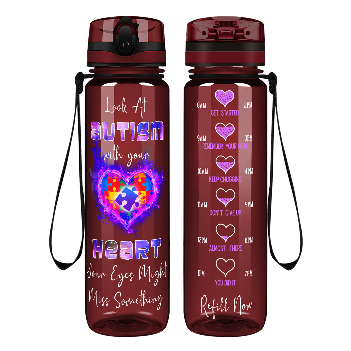 Look at Autism with Your Heart on 32 oz Motivational Tracking Water Bottle