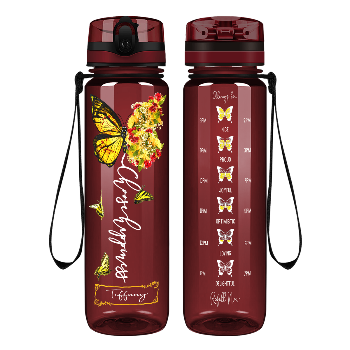 Personalized Choose Happiness Yellow Butterfly on 32 oz Motivational Tracking Water Bottle