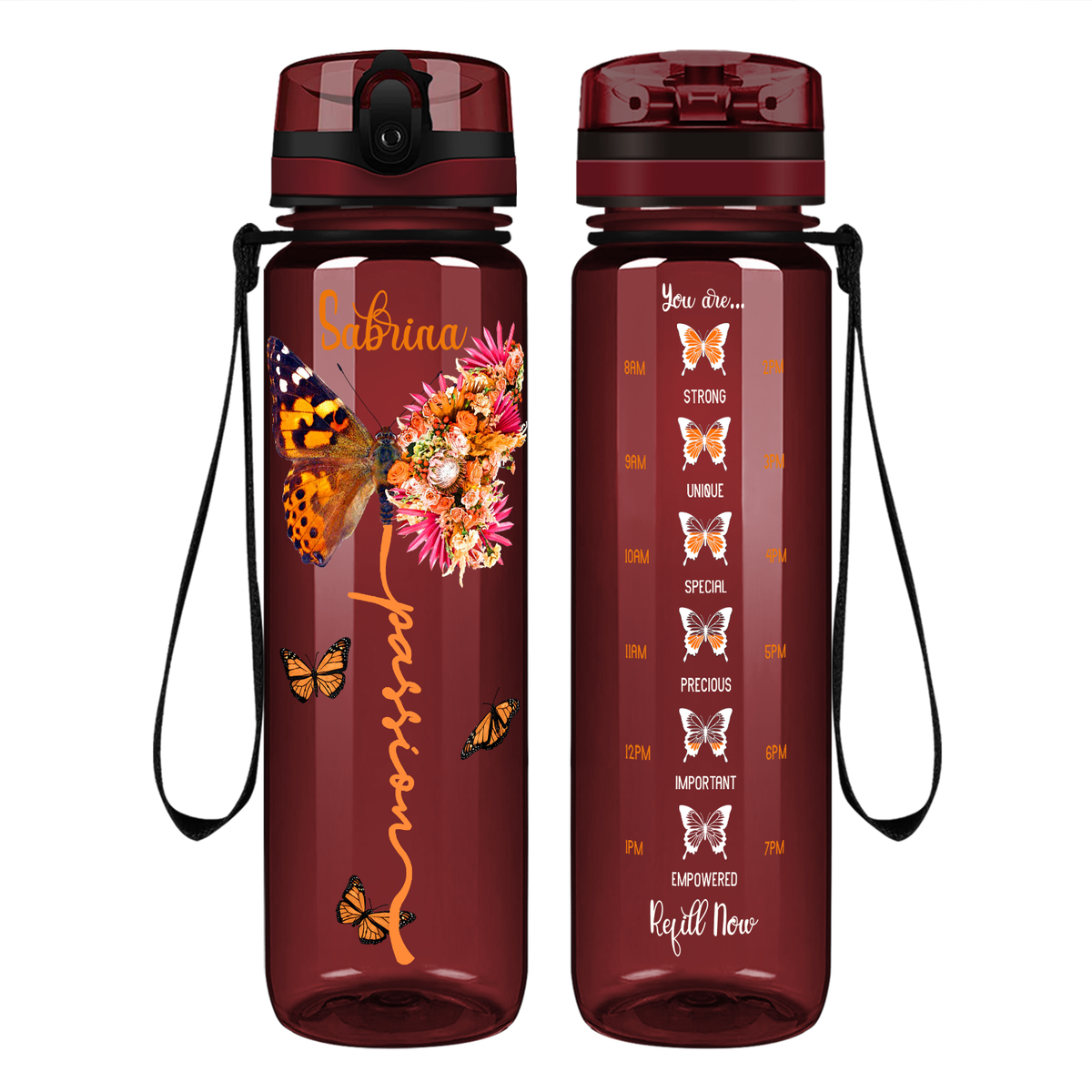 Personalized Passion Inspirational Peach Butterfly on 32 oz Motivational Tracking Water Bottle