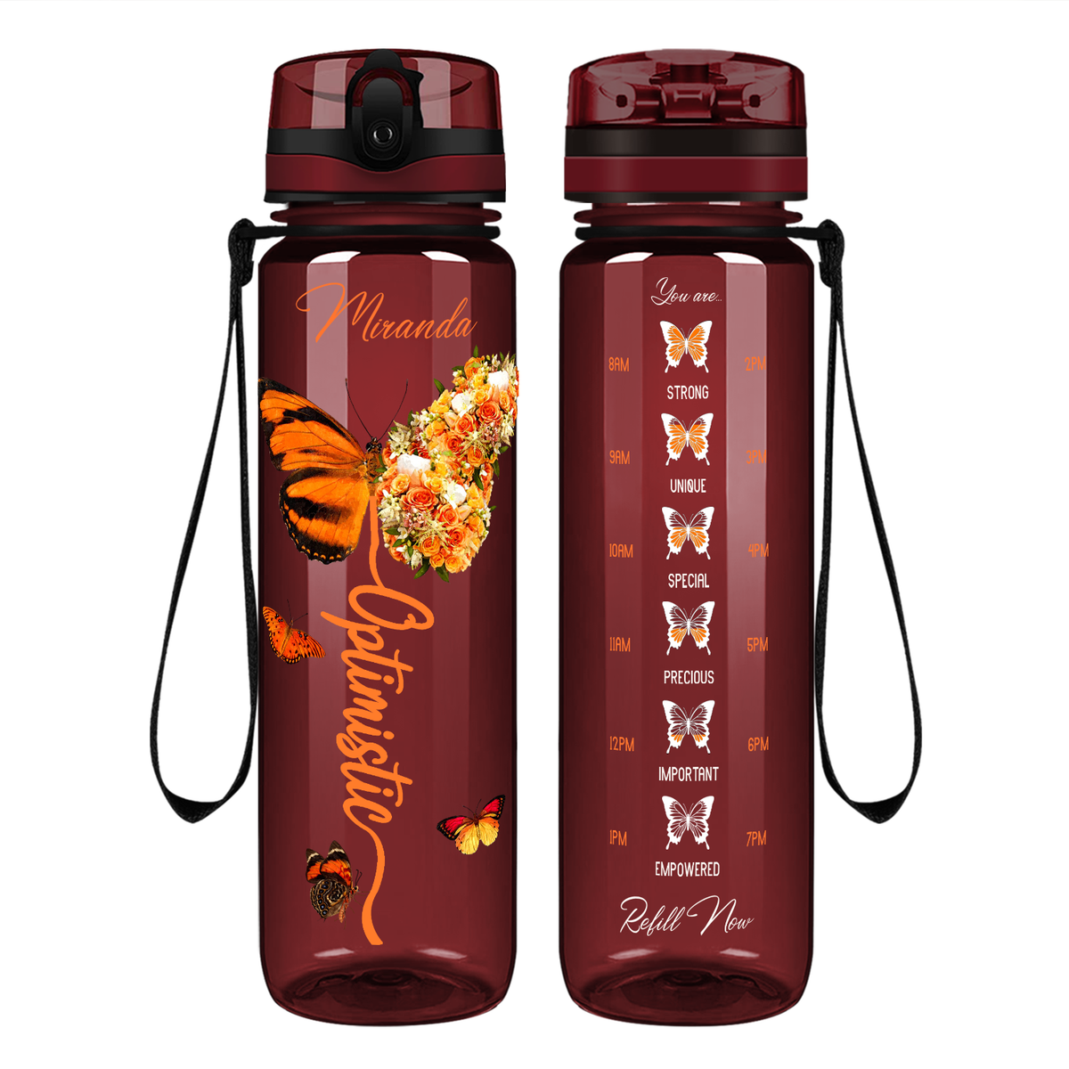 Personalized Optimistic Inspirational Orange Butterfly on 32 oz Motivational Tracking Water Bottle