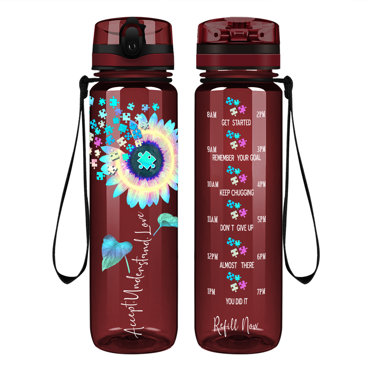 Accept Understand Love Autism Sunflower 32 oz Motivational Tracking Water Bottle