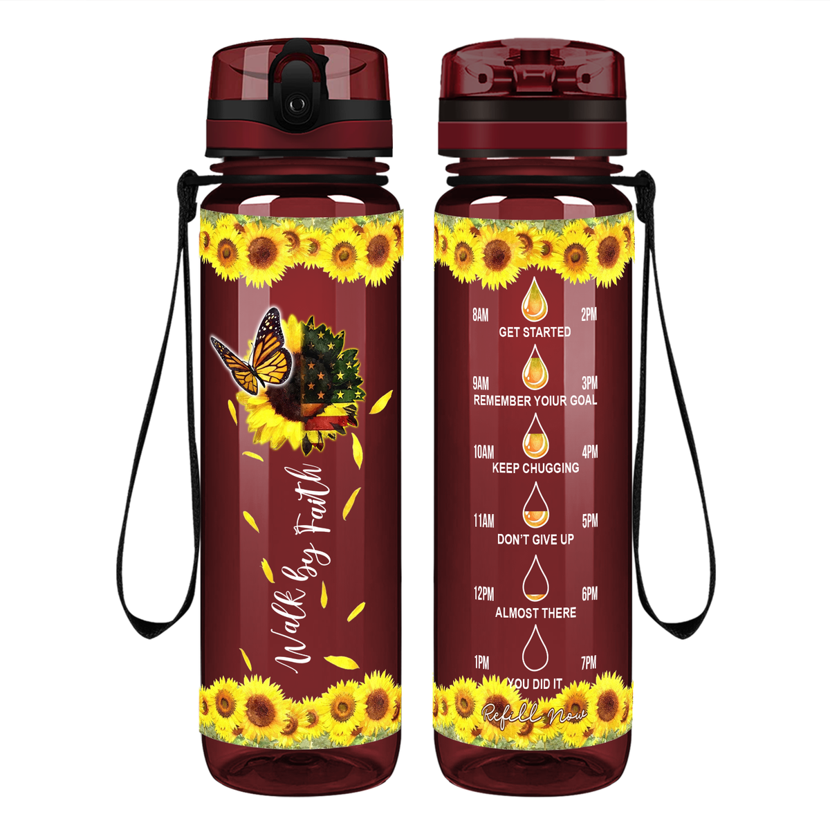 Walk by Faith American Sunflower on 32 oz Motivational Tracking Water Bottle