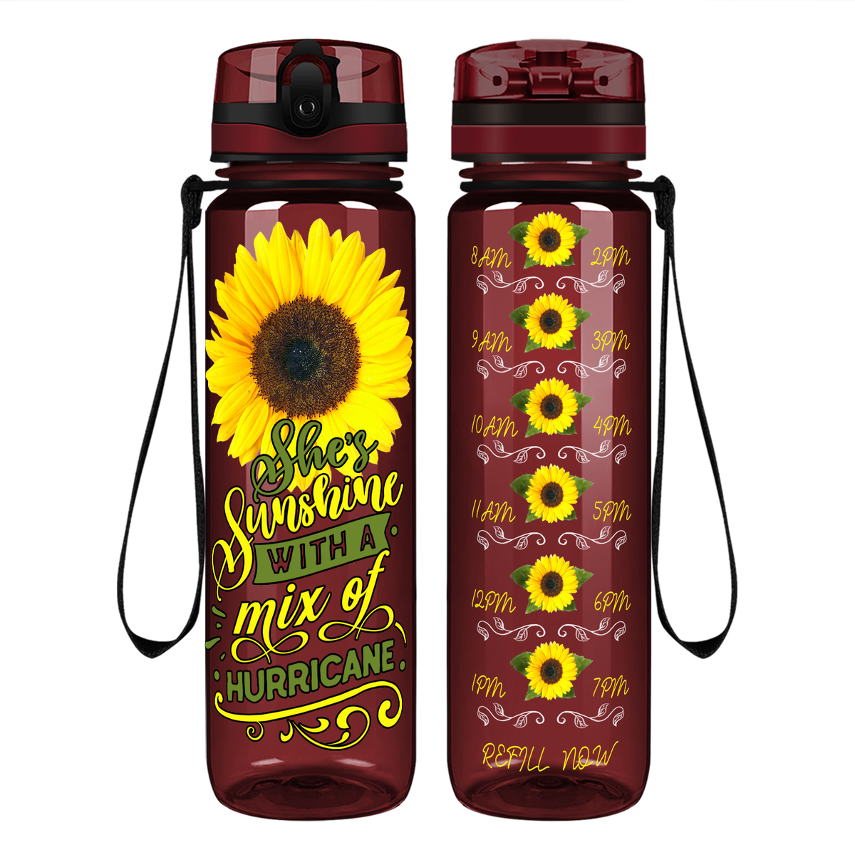 She's Sunshine with a Mix of Hurricane on 32 oz Motivational Tracking Sunflowers Water Bottle