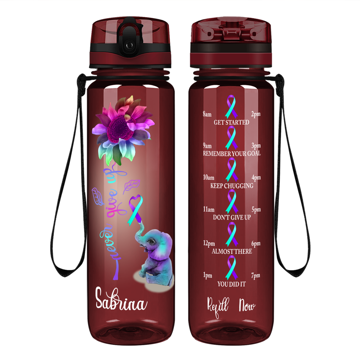 Personalized Never Give Up Elephant on 32 oz Motivational Tracking Water Bottle