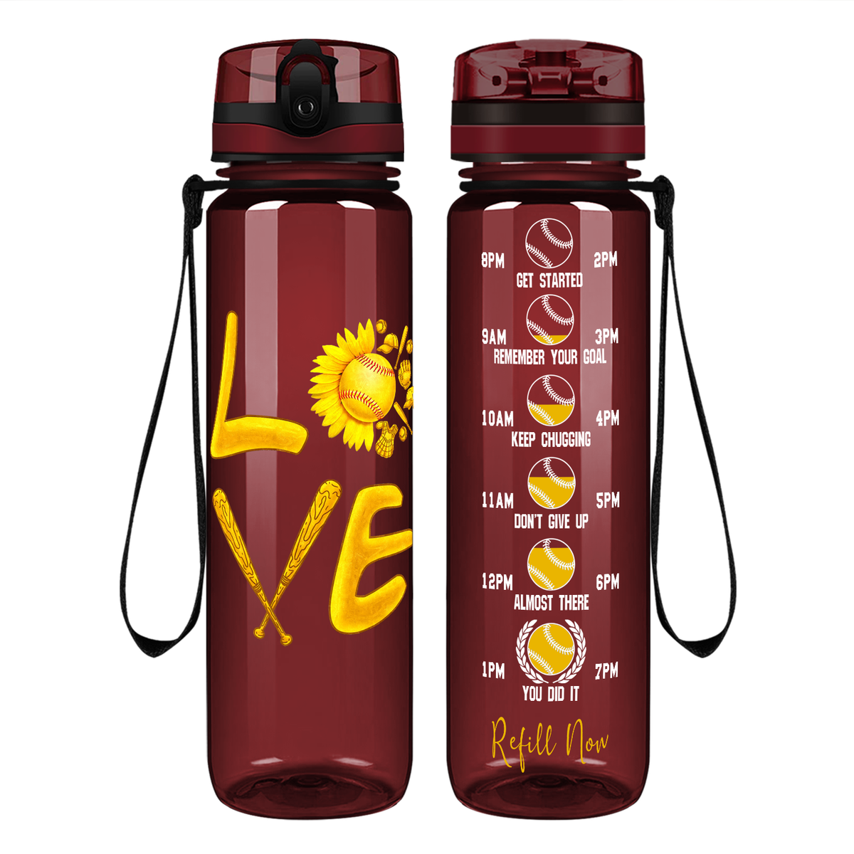 Love Softball Flower on 32 oz Motivational Tracking Water Bottle