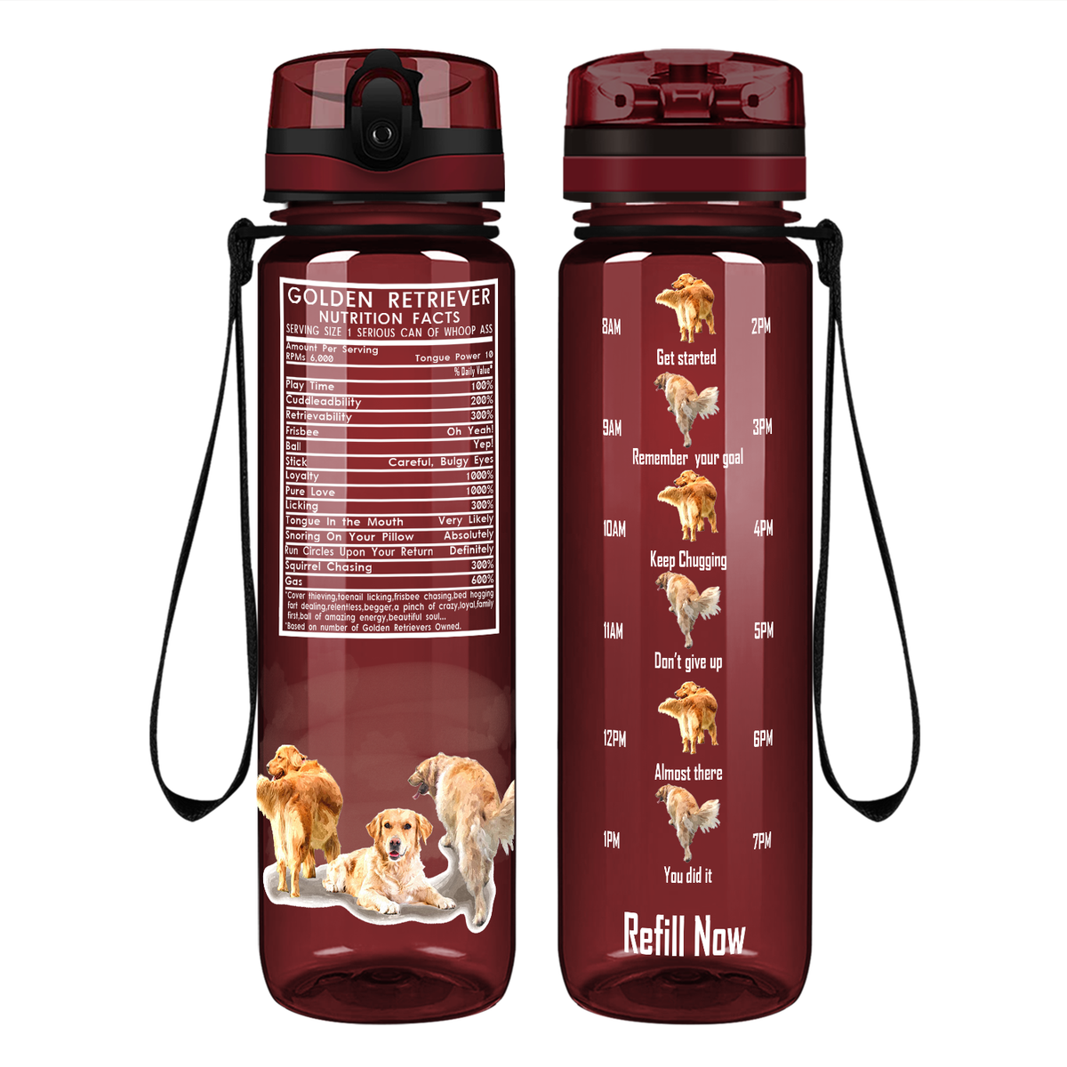 Golden Retriever Nutrition Facts on 32 oz Motivational Tracking Water Bottle