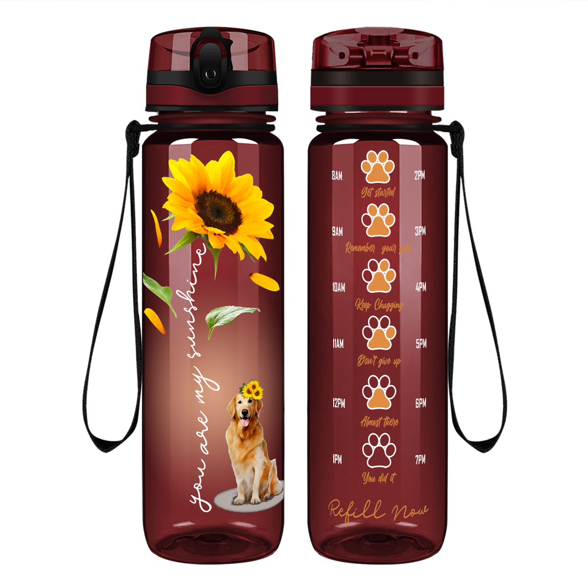 You Are My Sunshine Golden Retriever Sunflower on 32 oz Motivational Tracking Water Bottle