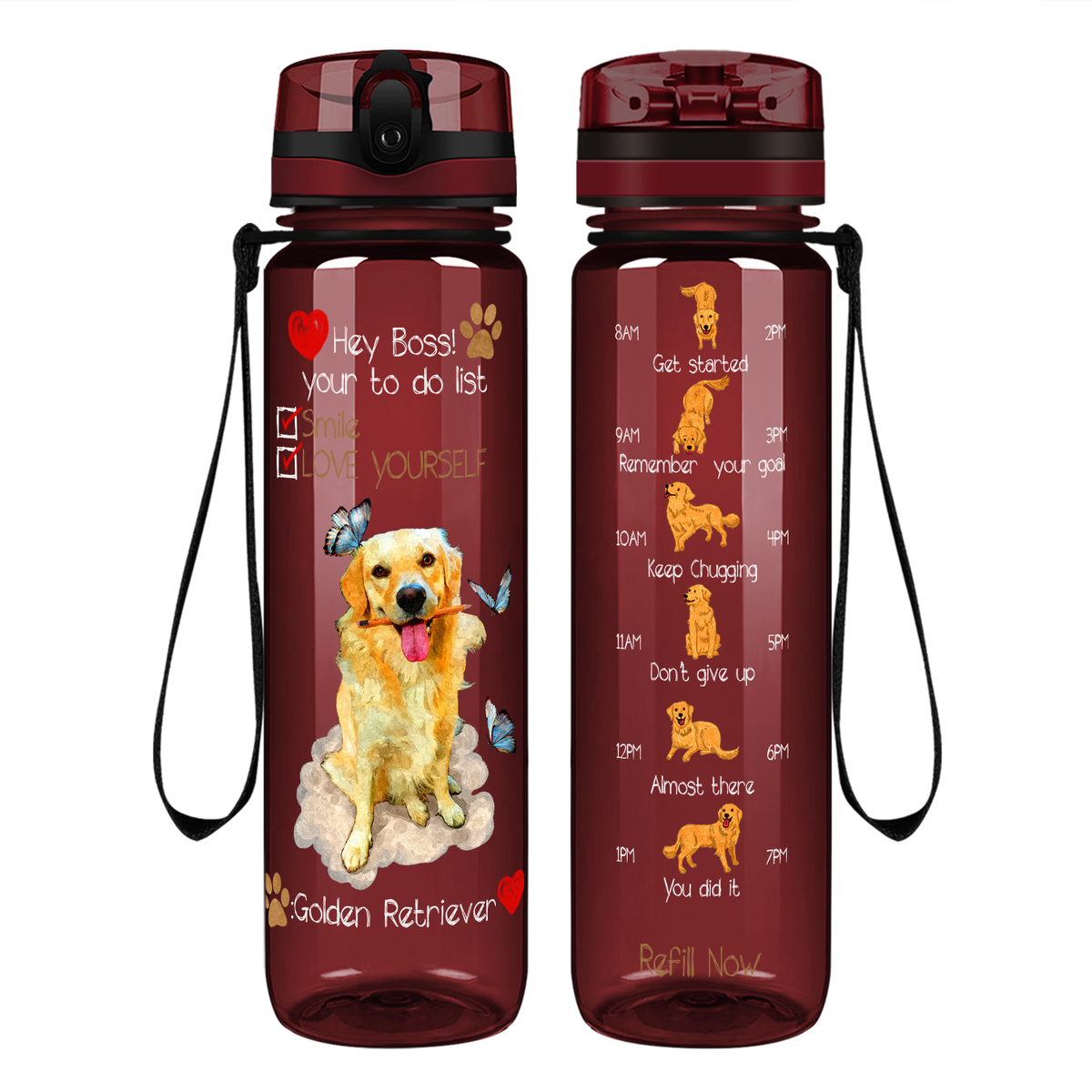 Hey Boss! Your To Do List Golden Retriever on 32 oz Motivational Tracking Water Bottle