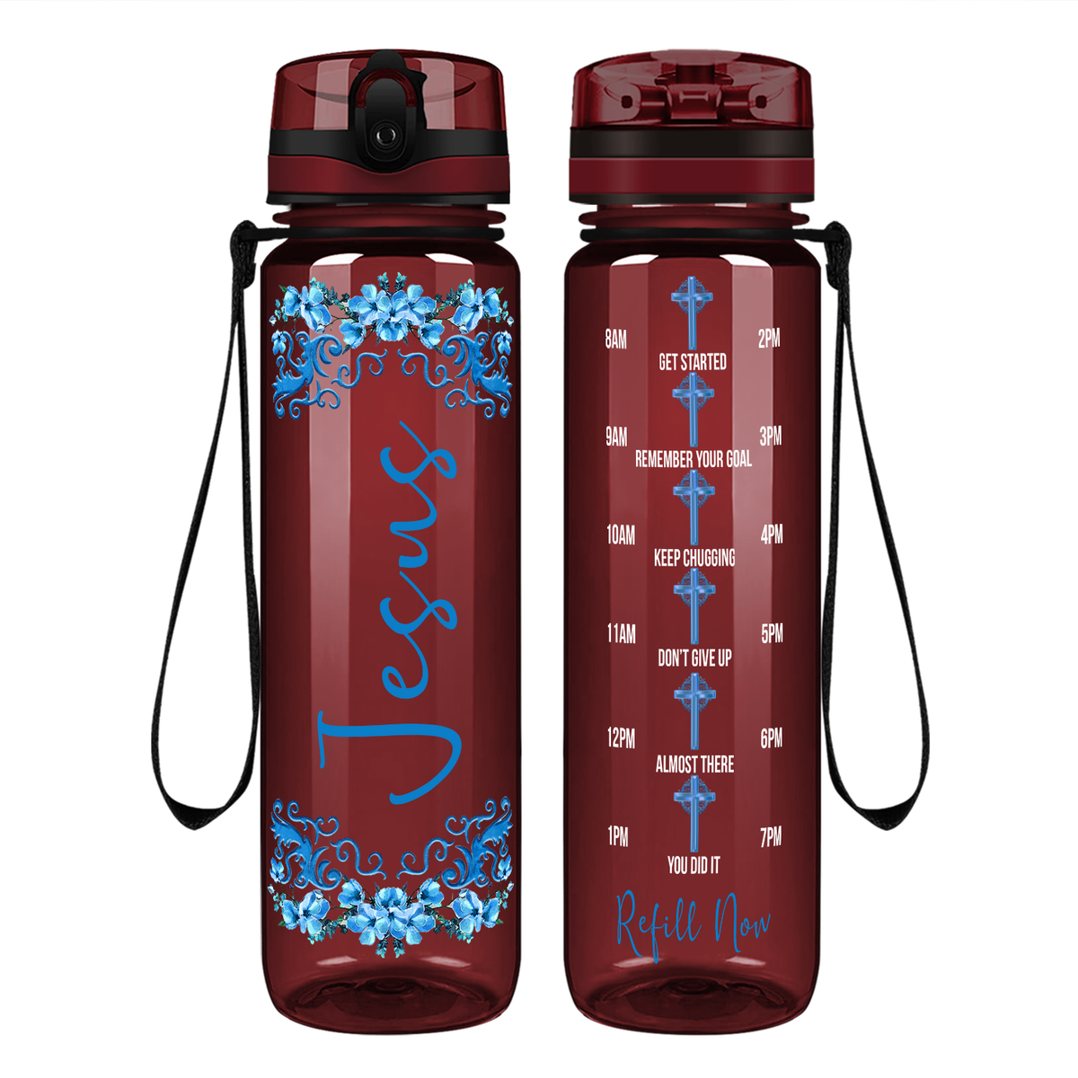 Jesus Blue Fowers Design on 32 oz Motivational Tracking Water Bottle