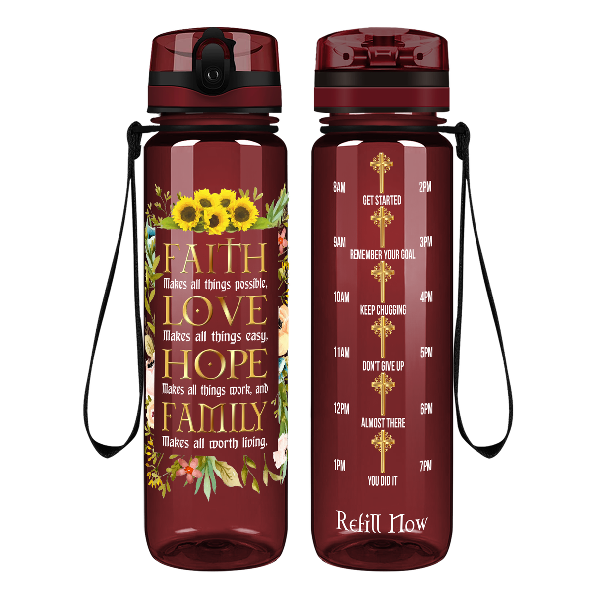 Faith Love Hope Family on 32 oz Motivational Tracking Water Bottle