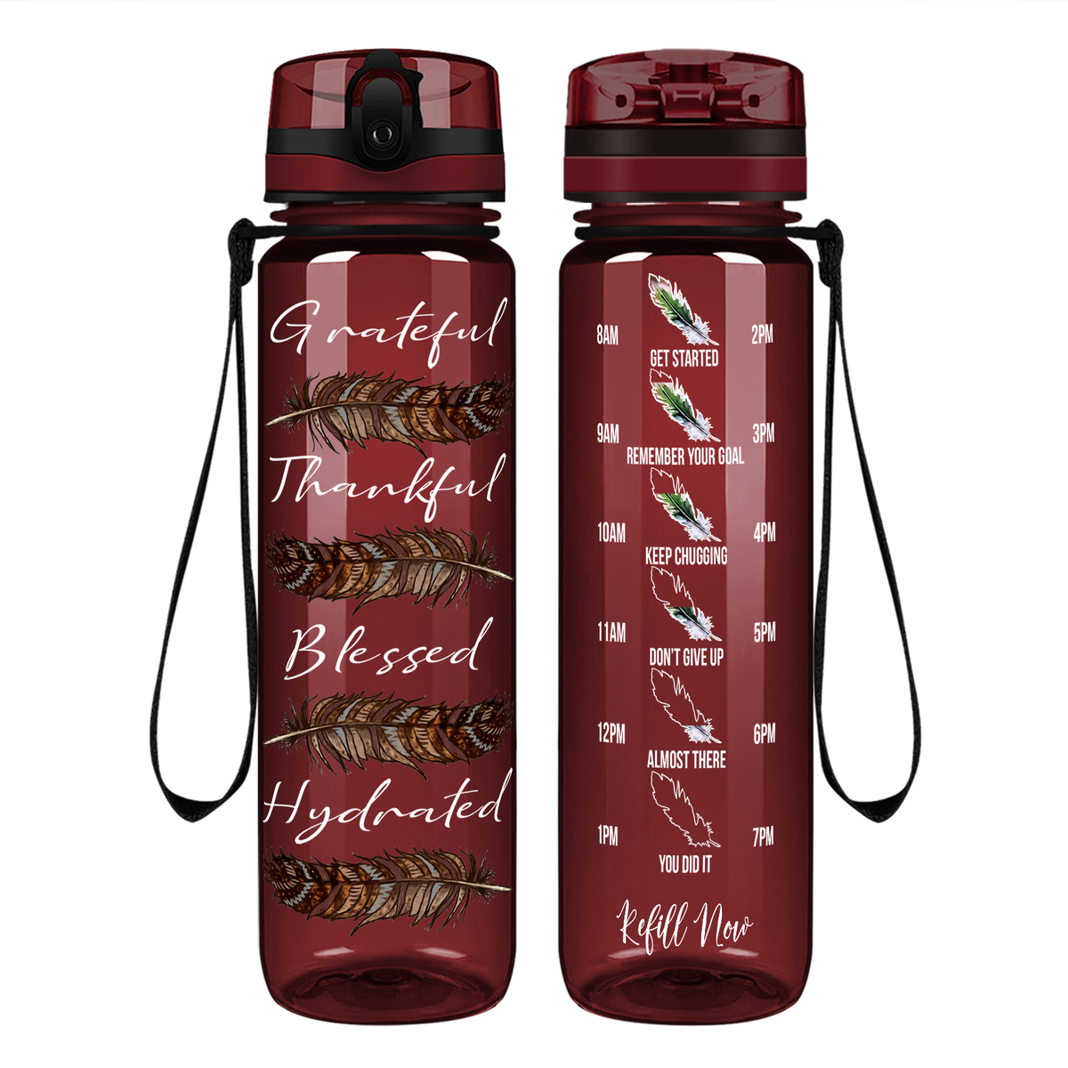 Grateful Thankful Blessed Hydrated with Feathers on 32 oz Motivational Tracking Water Bottle