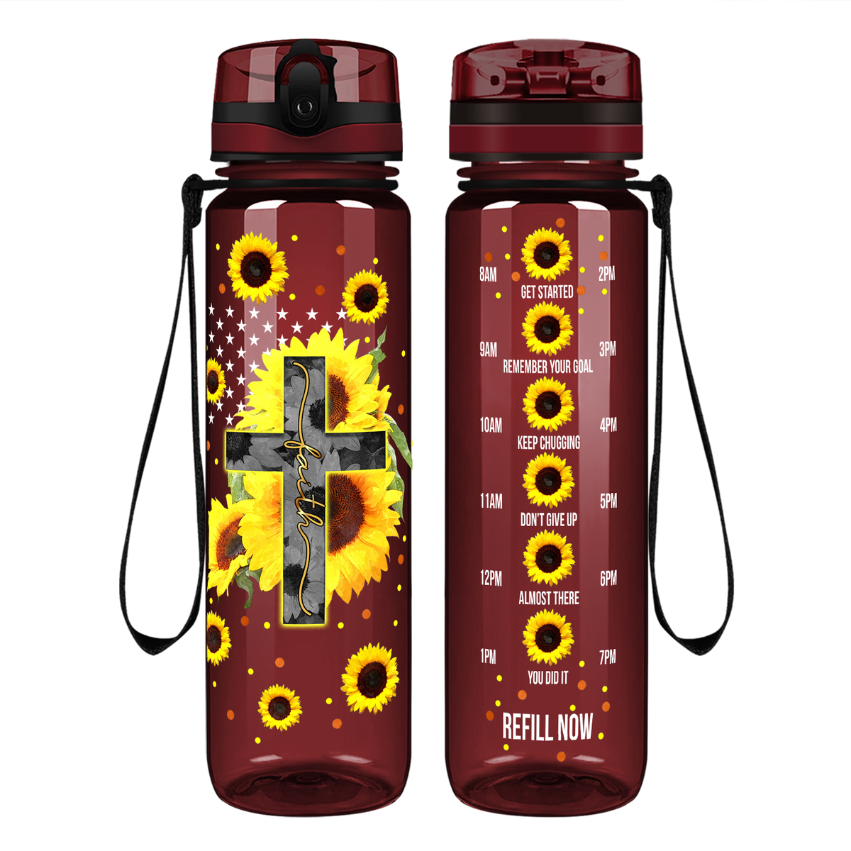 Faith Cross Sunflowers on 32 oz Motivational Tracking Water Bottle