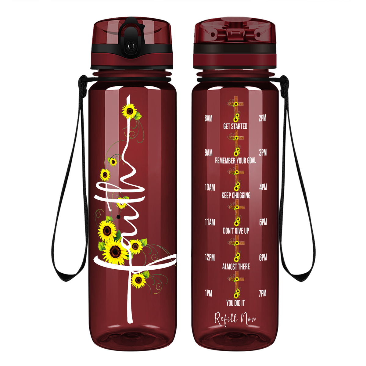 Faith Sunflowers on 32 oz Motivational Tracking Water Bottle